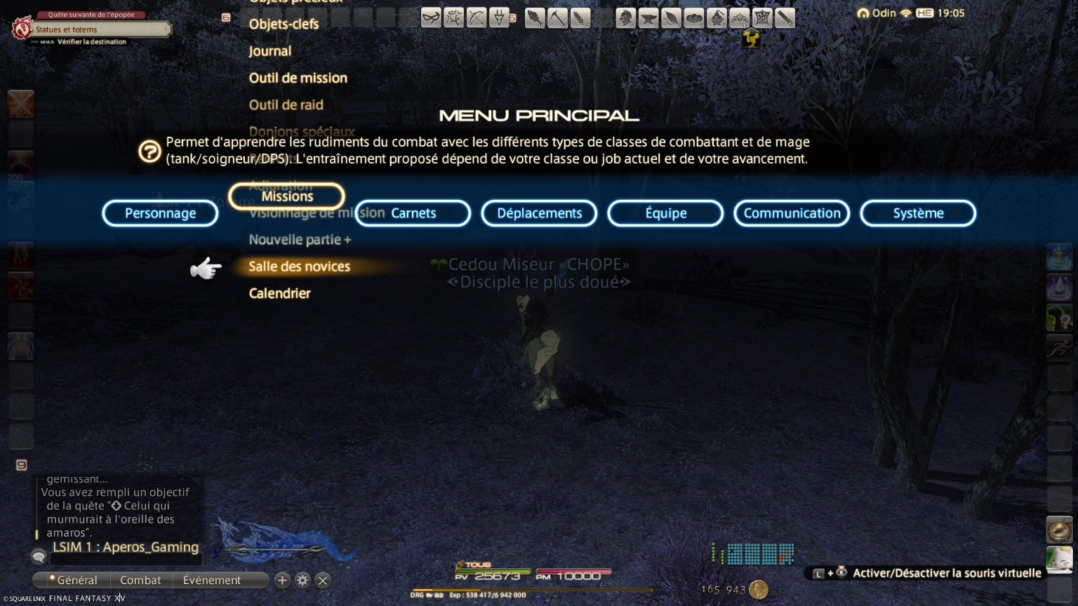 Menu Missions de Final Fantasy XIV avec la Salle des novices sélectionnée