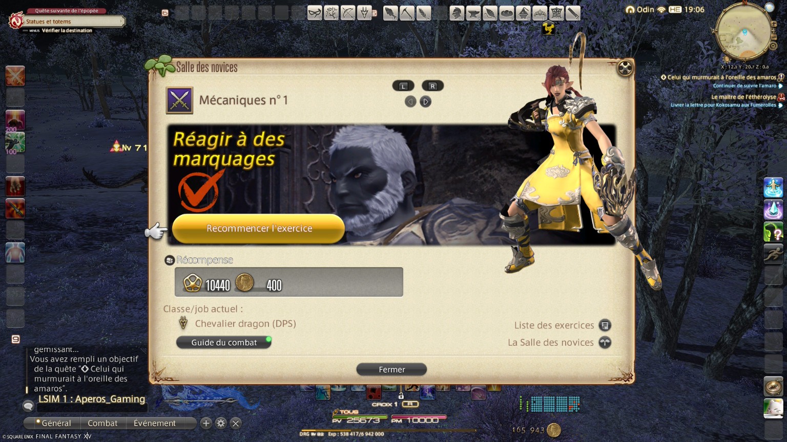 Écran de la Salle des novices de Final Fantasy XIV proposant un exercice sur les marquages