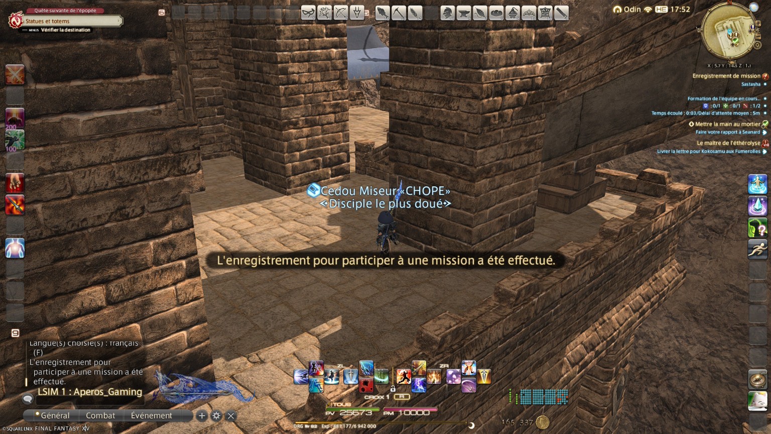 Message confirmant l’inscription à Sastasha dans Final Fantasy XIV