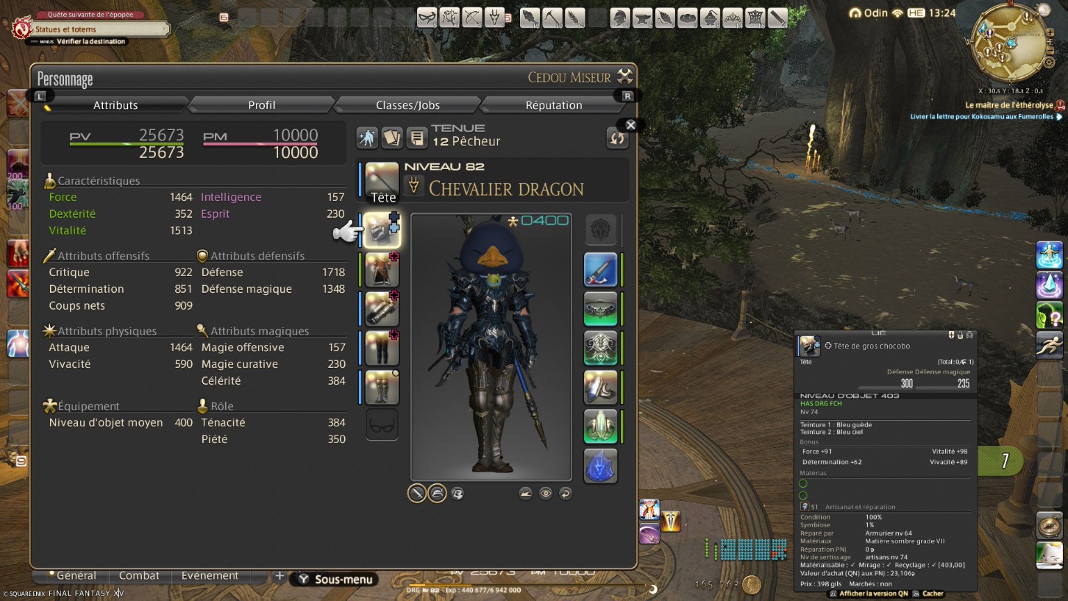 Fenêtre Personnage de Final Fantasy XIV montrant les emplacements de matéria sur la fiche d’un équipement