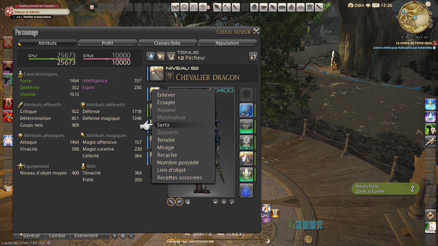 Sous-menu d’un équipement de Final Fantasy XIV avec l’option Sertir sélectionnée