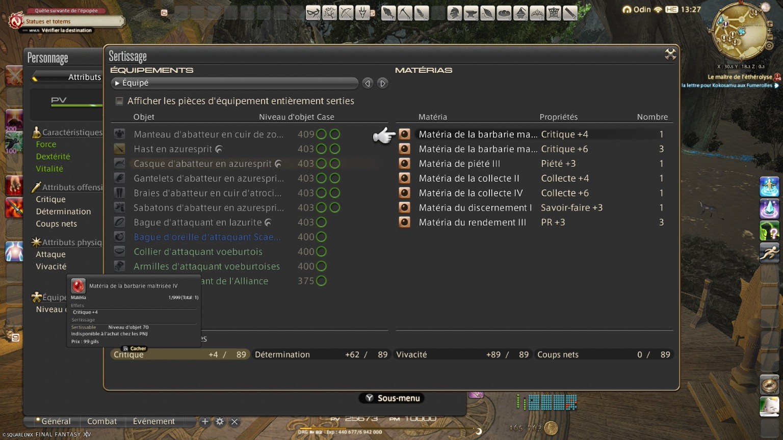 Fenêtre Sertissage de Final Fantasy XIV avec la liste des équipements et des matérias compatibles