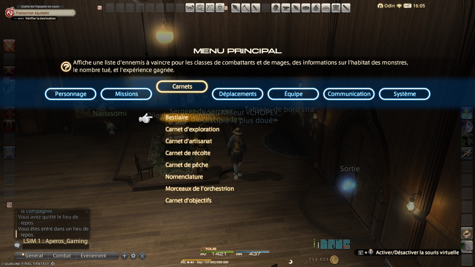 Menu principal de Final Fantasy XIV ouvert sur Carnets avec l’option Bestiaire sélectionnée