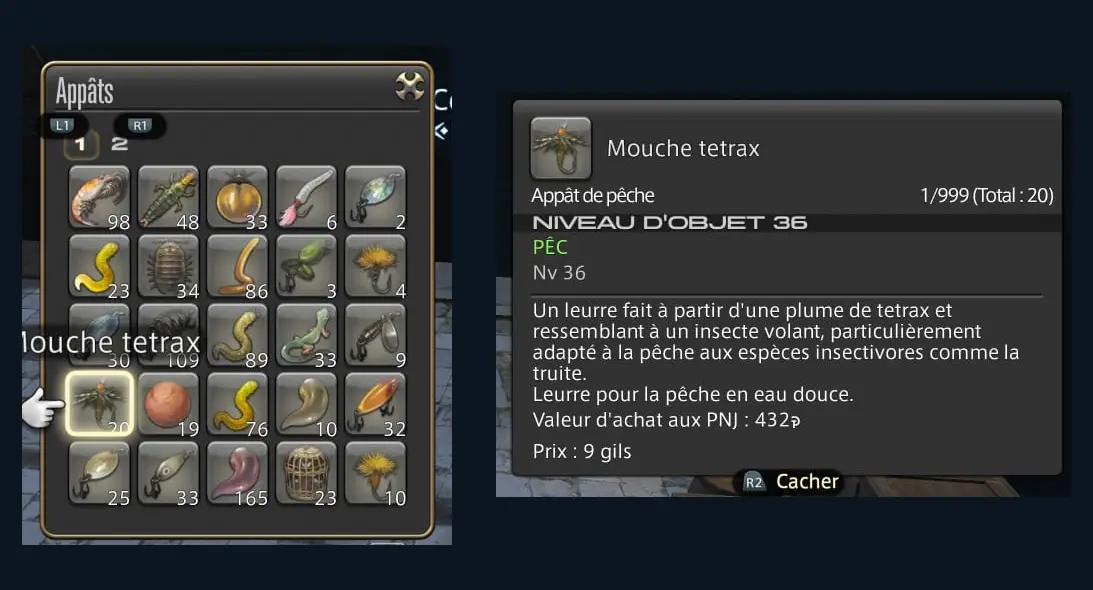 Fenêtre de sélection des appâts et description de la Mouche tetrax dans Final Fantasy XIV