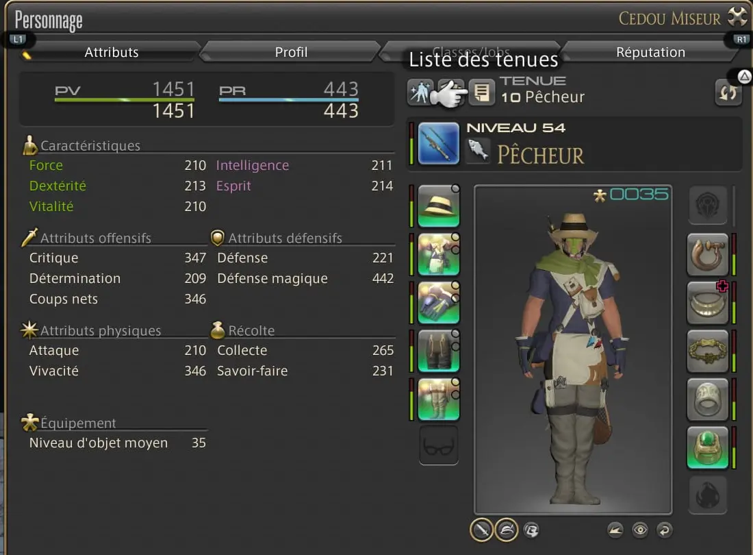 Fenêtre de personnage de Final Fantasy XIV avec une tenue de Pêcheur équipée